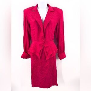 Vintage 1980's Argenti Silk Skirt Suit Set Size 6 Red Peplum Pencil 3 Piece Rare